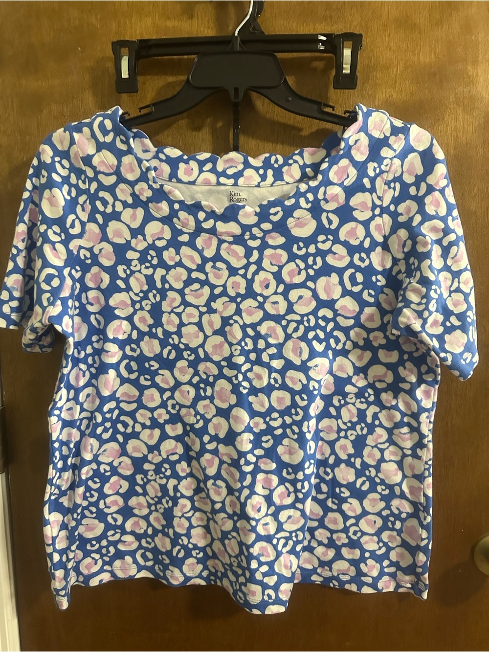 Kim Rogers Blue Short Sleeve Tee with Pink & White Leopard Print
